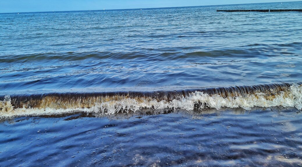 Blick aufs Meer vom Strand aus, auf den kleine Wellen zurollen.