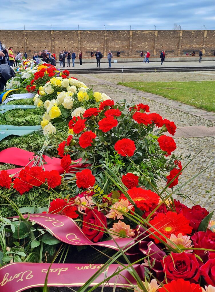 Eine ganze Reihe von Kränzen mit Blumen und Schleifen. Im Hintergrund eine bräunliche Backsteinmauer mit Stacheldraht. Davor gehen oder stehen mehrere Menschen.