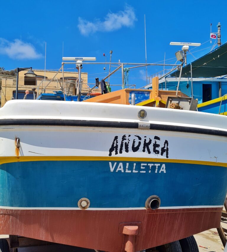Das Heck eines breiten Bootes, das an Land liegt. Im Hintergrund sind Gebäude zu sehen. Das Boot hat unten einen schmalen dunkelroten Streifen, darüber einen breiten blauen und ganz oben ist es weiß. Auf dem Heck steht: Andrea Valletta