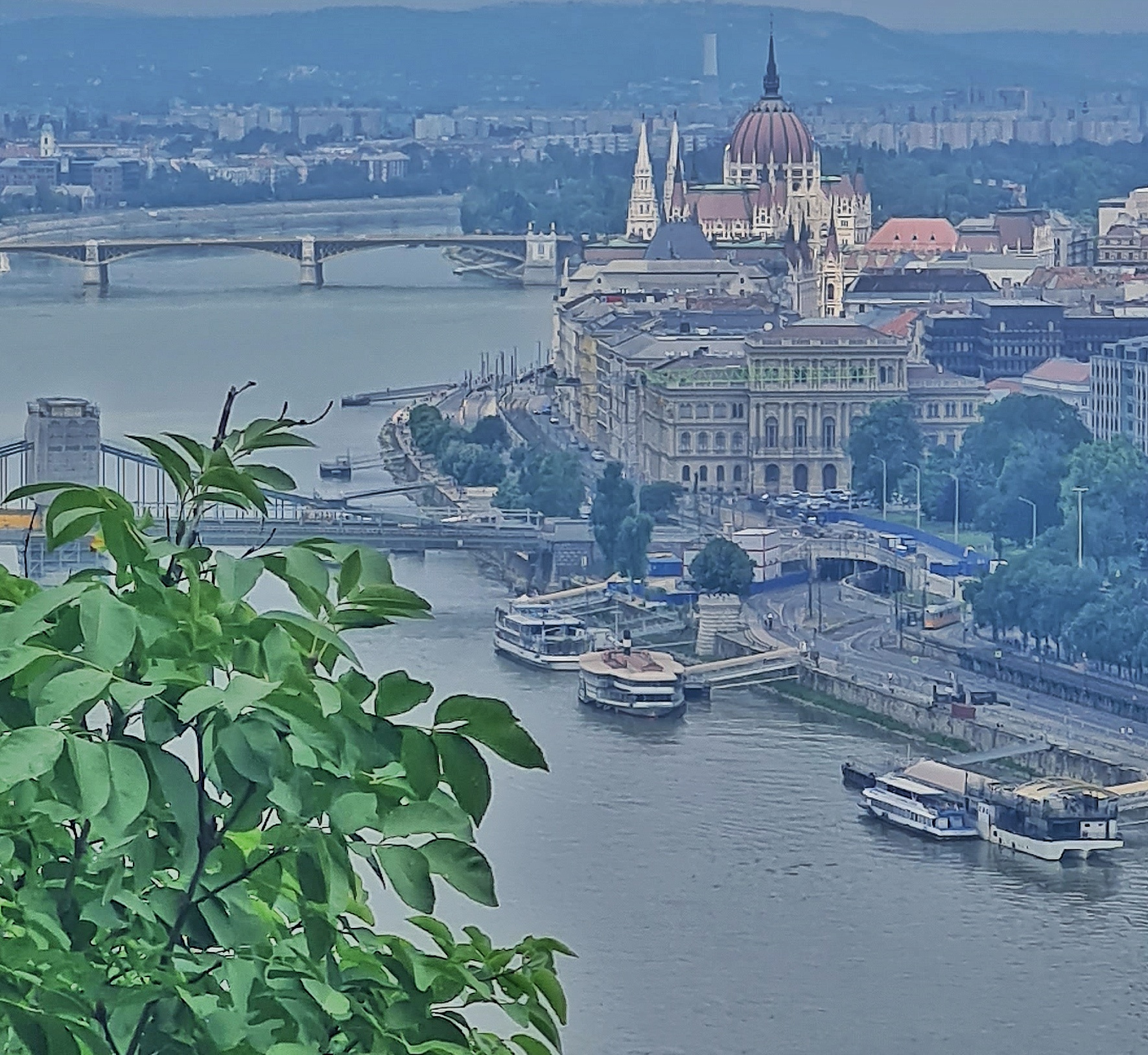 Herangezoomter Blick auf die Donau mit zwei Brücken. Am Ufer liegen einige Schiffe. Zwischen den beiden Brücken am rechten Ufer große Gebäude. Eines ragt mit vielen spitzen Türmchen und einem Turm mit einer roten Kuppel und einer Spitze darauf in die Höhe. Links ragen Blätter ins Bild.