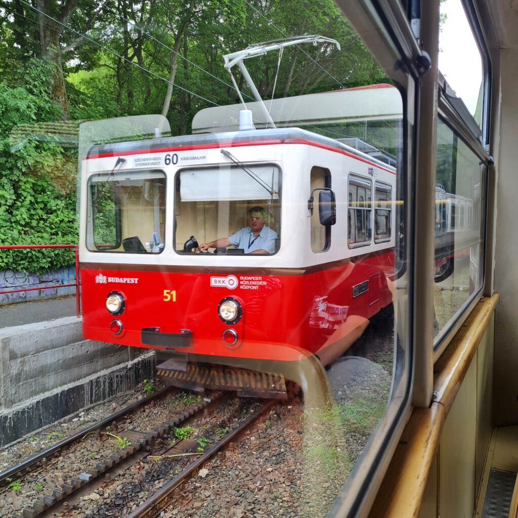Durch das Fenster einer anderen Bahn Blick auf eine entgegenkommende Zahnradbahn (unten rot, oben weiß) und ihren Fahrer.