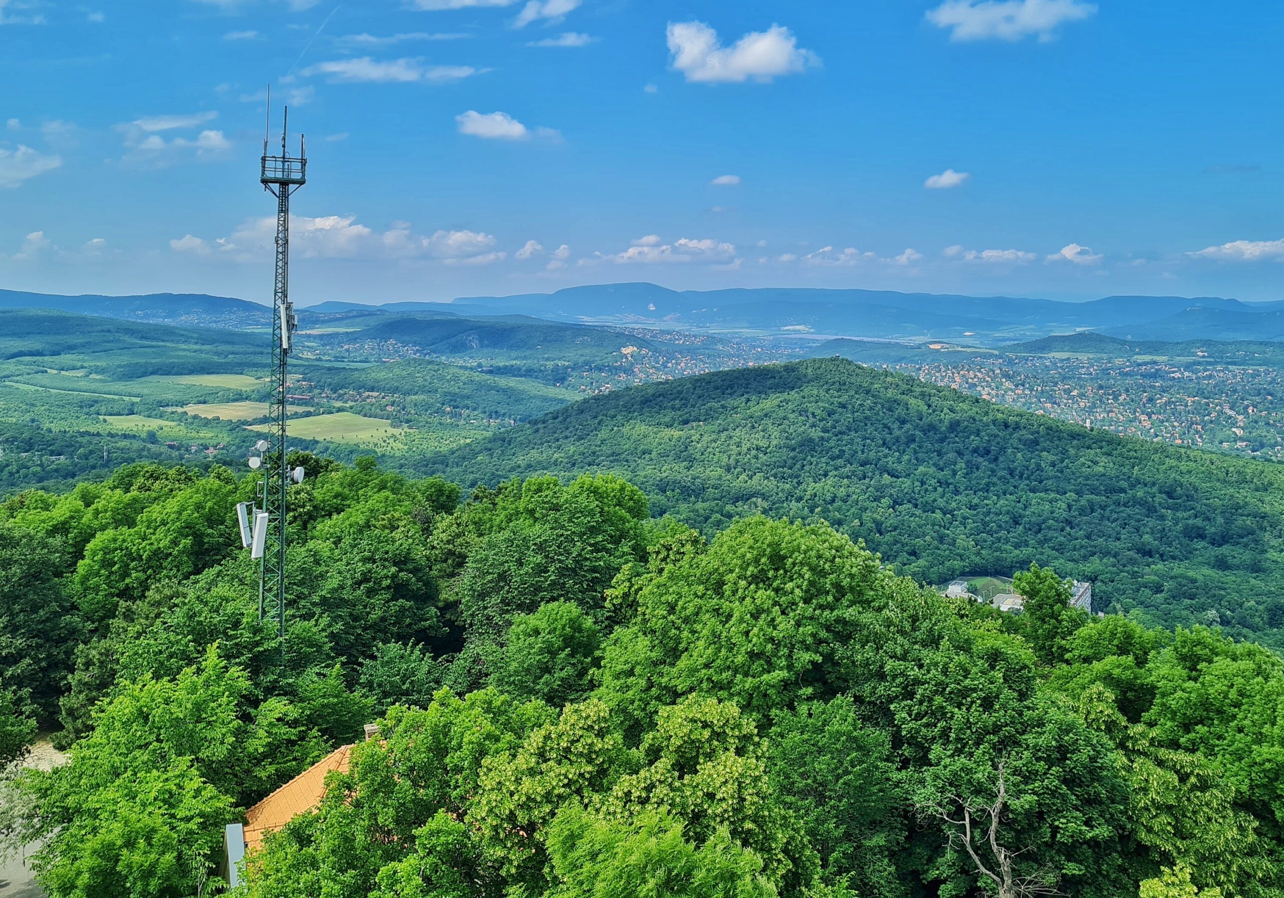 Blick auf einen Metallmast inmitten von Bäumen. Daneben ist ein Teil eines Daches zwischen den Bäumen zu erkennen. Im Hintergrund setzt sich die hügelige Landschaft bis in die Ferne fort.