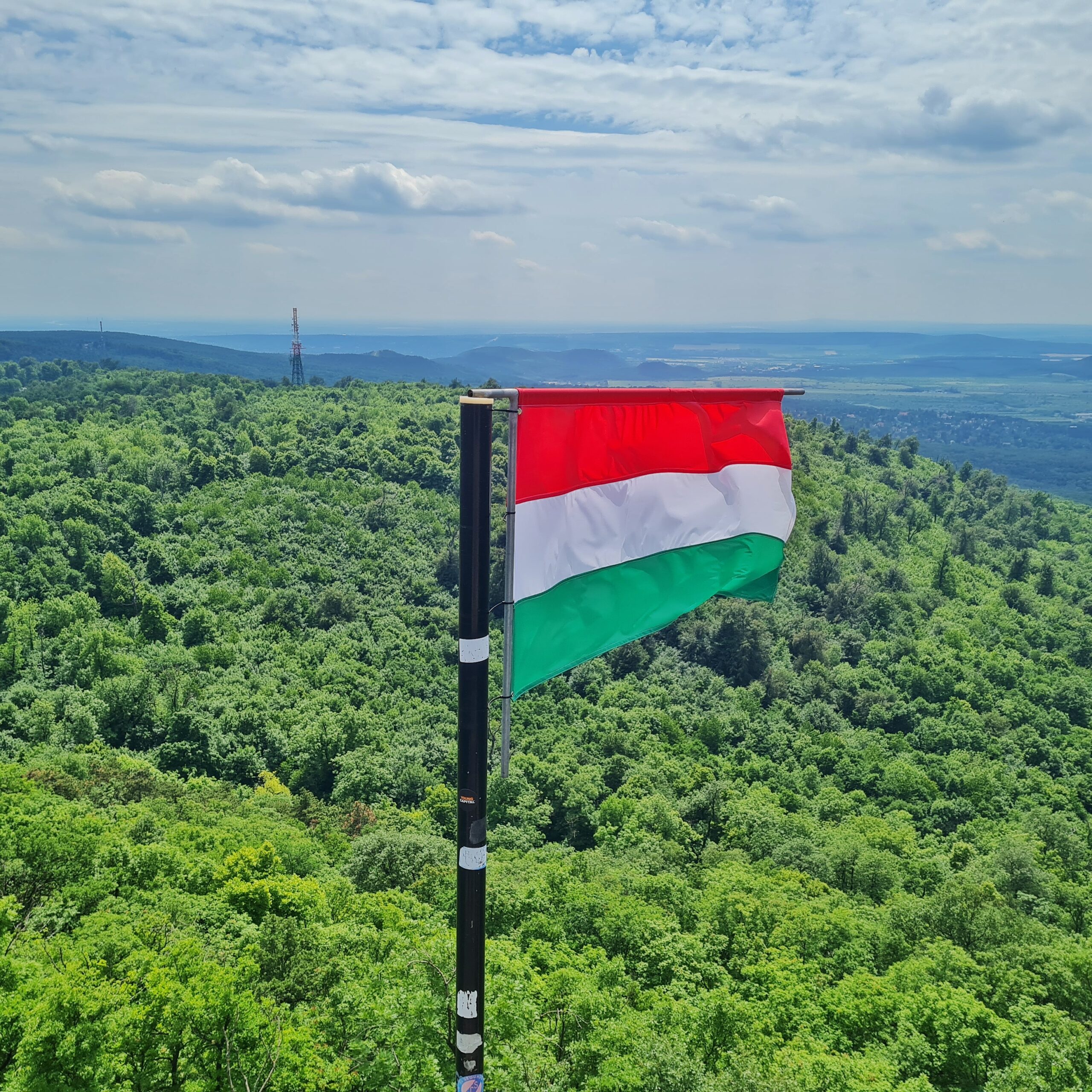 Im Vordergrund weht die ungariche Flagge (rot, weiß, grün). Dahinter eine hügelige Landschaft mit vielen Bäumen.
