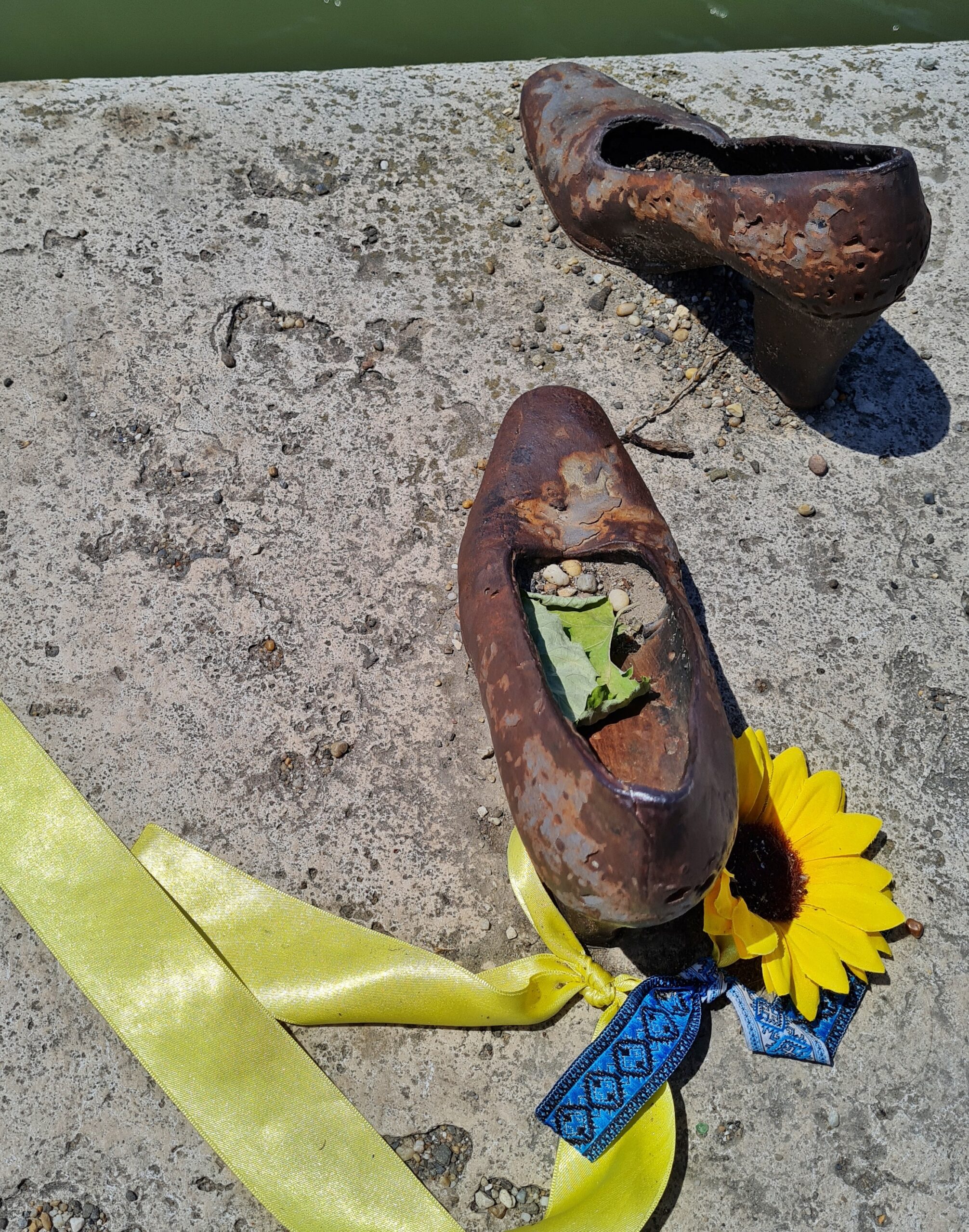 Zwei Damenschuhe mit Absatz aus der Nähe. Neben einem Schuh eine gelbe Blüte und ein langes gelbes sowie ein kurzes blaues Band mit Muster.