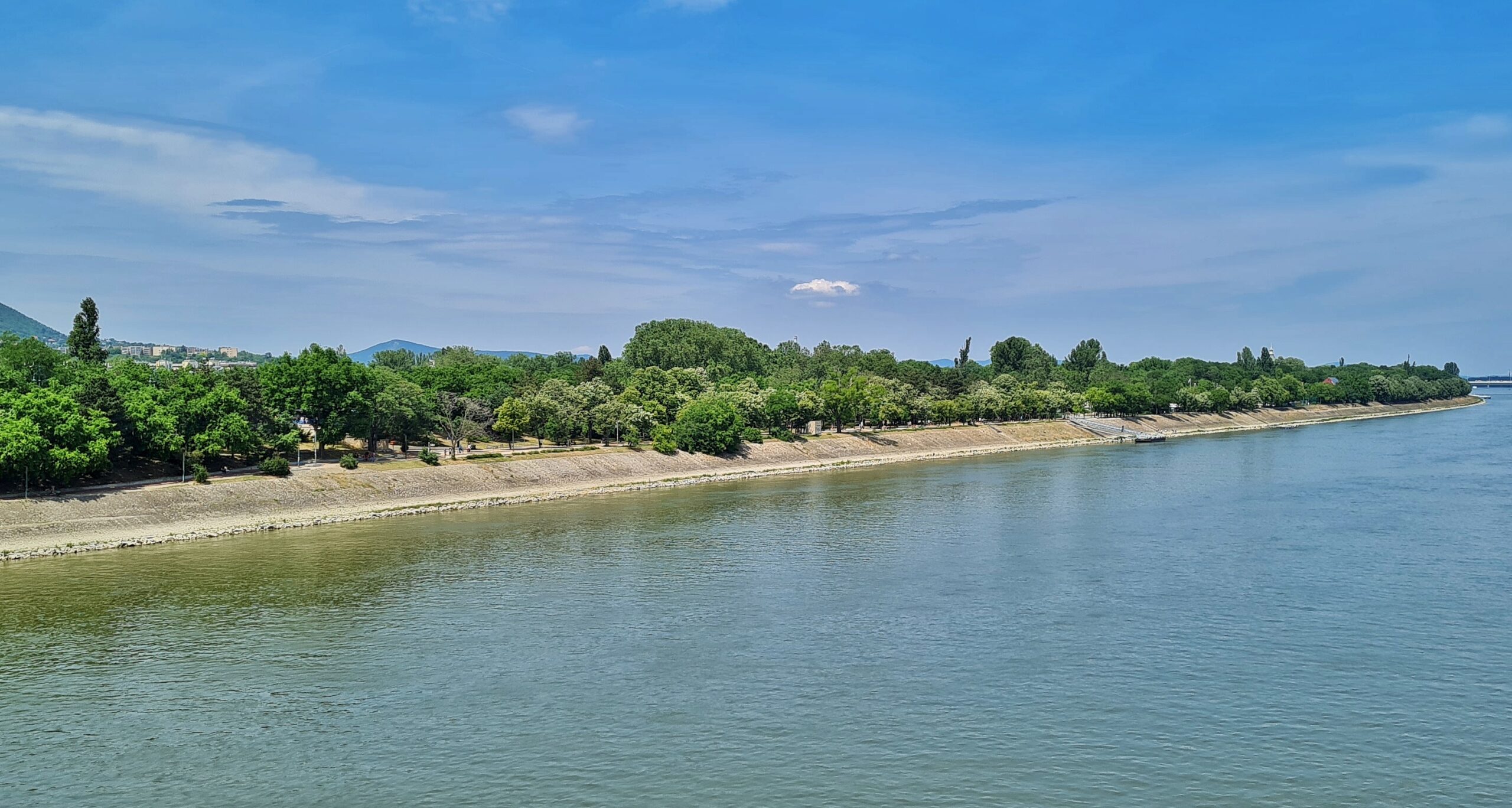 Blick über das Wasser auf eine langgestreckte Insel mit Bäumen darauf.