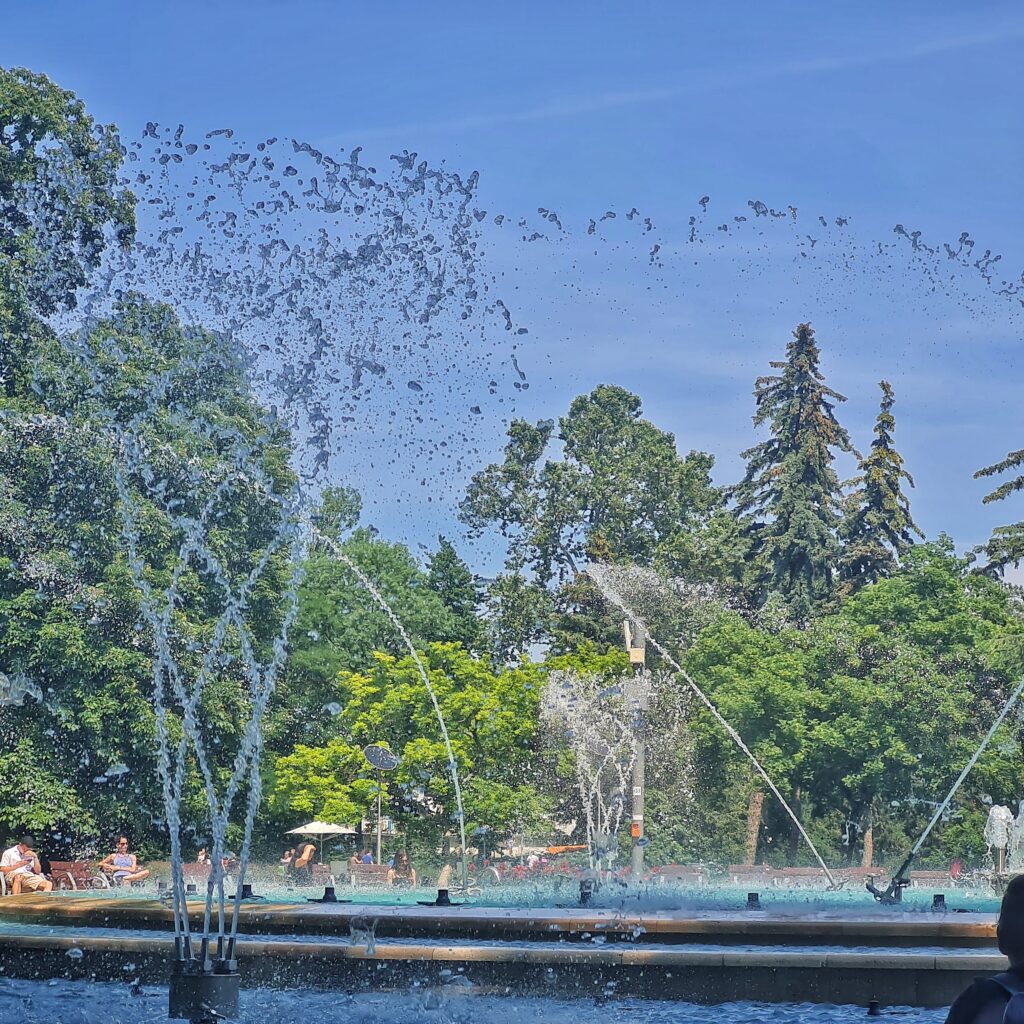Ein Springbrunnen aus der Nähe. Die Wasserfontänen spritzen in verschiedene Richtungen, teilweise gebogen.