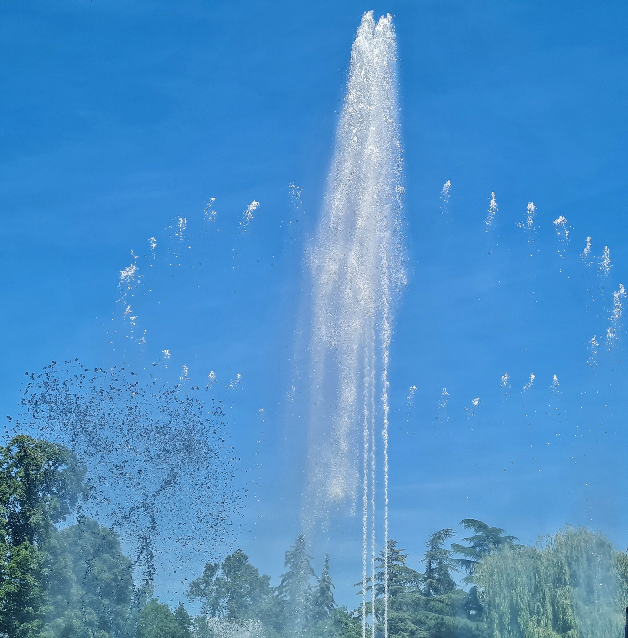 Blick in den blauen Himmel. Eine weiße Wasserfontäne spritzt hoch in die Luft. Kleinere Wasserspritzer bilden in der Mitte einen Kreis um sie.