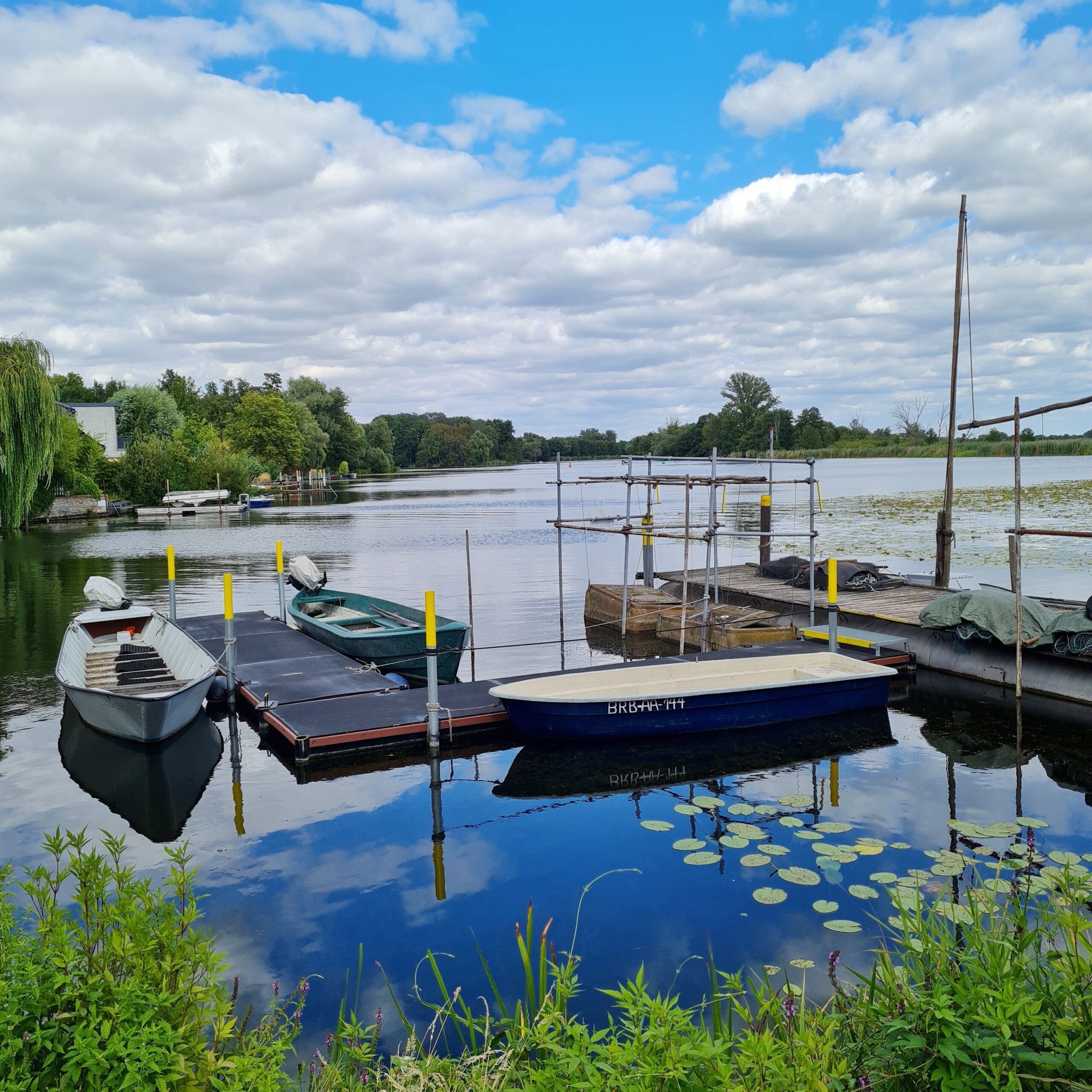 Blick auf eine große Wasserfläche, in der sich die Wolken spiegeln. An den Ufern überall grüne Bäume und Büsche. Im Vordergrund Bootsstege, an denen einige Boote liegen.
