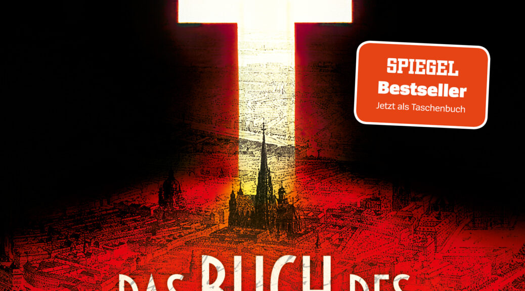 Unten eine Zeichnung einer Stadt, rotgefäbt. Oben ist die Zeichnung nur in der Mitte, wo ein Kreuz ausgespart wurde, sichtbar. Der restliche obere Teil ist schwarz. Text: Oliver Pötzsch Das Buch des Totengräbers Ein Fall für Leopold von Herzfeldt Ullstein.