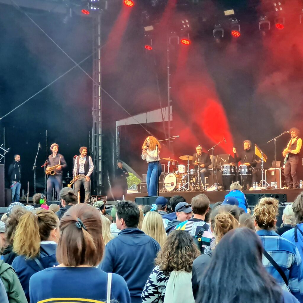 Eine Bühne, vor der viele Menschen stehen. Auf der Bühne Joy Denalane, singend, mit vielen Musikern.