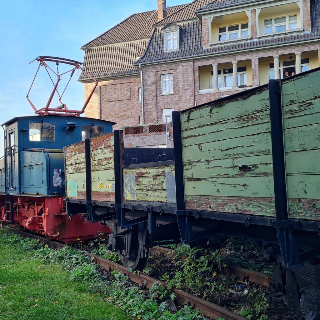 Auf einem überwachsenen Gleis eine alte blaue Lokomotive mit einem roten Stromabnehmer auf dem Dach und mit einem Hänger aus Holz. Das Holz ist grün gestrichen, aber an mehreren Stellen ist die Farbe schon abgeblättert. Im Hontergrund ein mehrstöckiges Gebäude mit überdachten Balkonen.