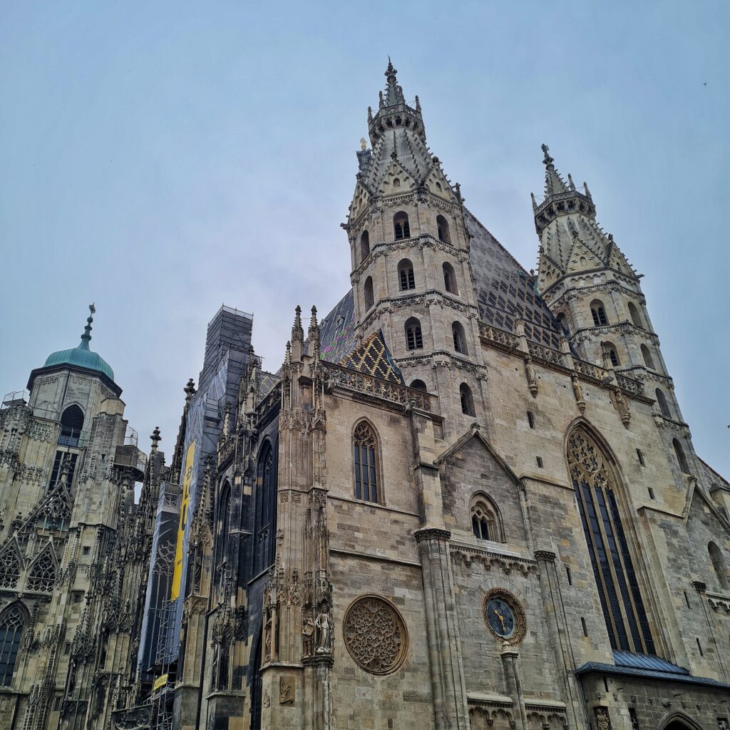 Das Eingangsportal des Stephansdoms von der anderen Seite fotografiert. Auf der linken Seite ist das Gerüst mt dem Transparent zu sehen.