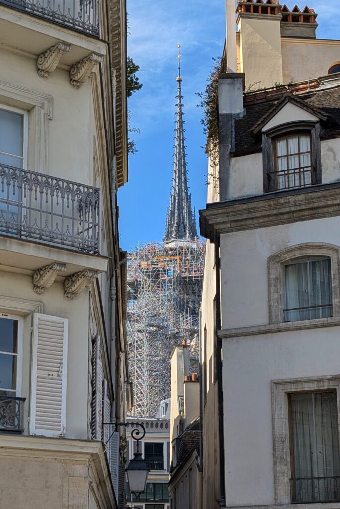 Blick auf den spitzen Turm der Kathedrale Notre-Dame de Paris, umgeben von historischen Gebäuden, mit Gerüsten zur Renovierung im Bild.